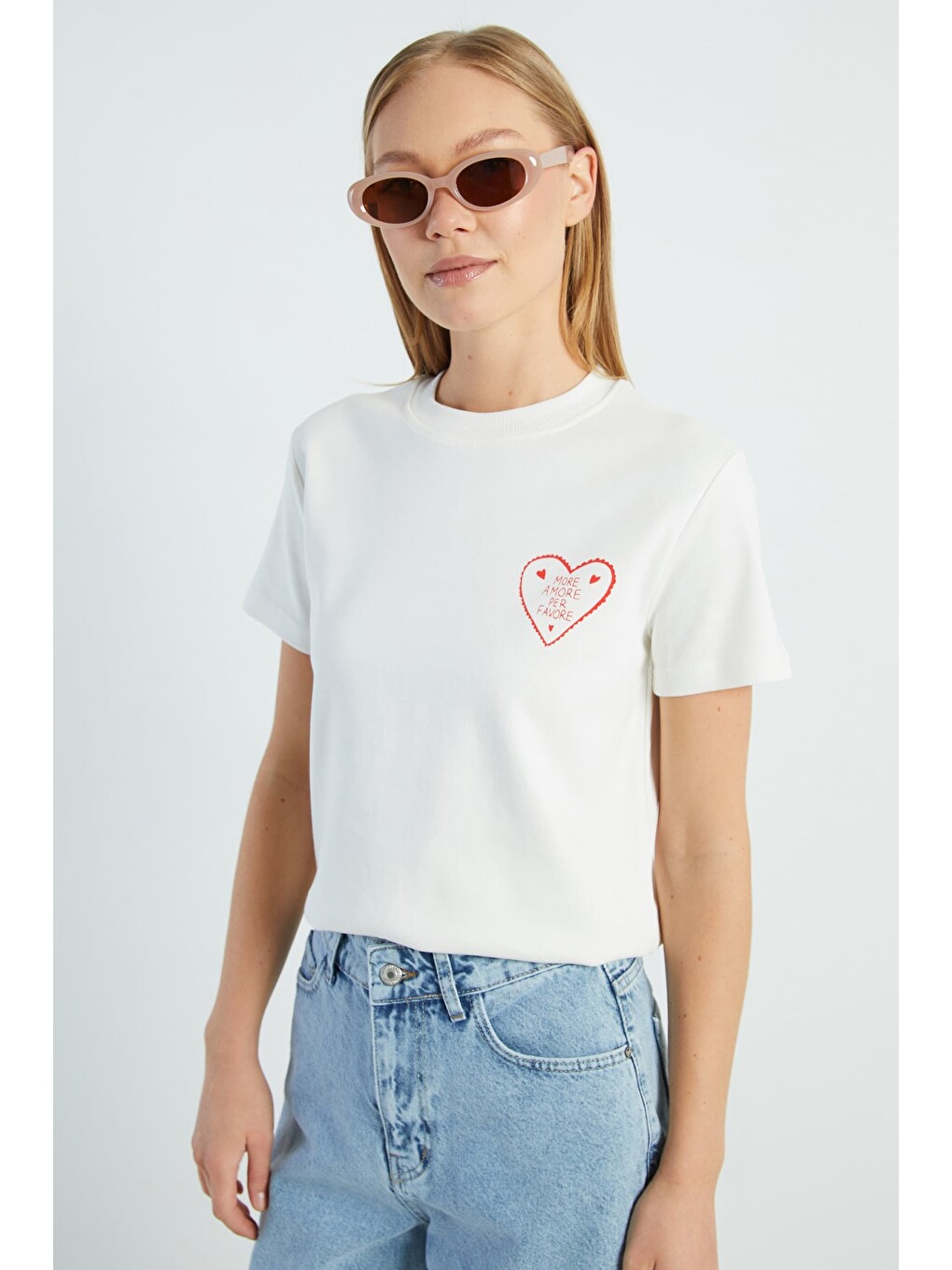 Ekru More Amore Per Favore Baskılı Tişört-4