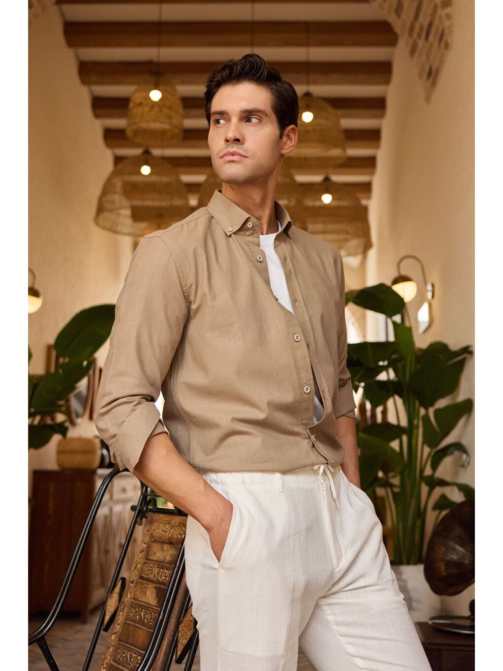 Kahverengi Turi Erkek Pamuk Gömlek Modern Slim Fit Keten Görünümlü Uzun Kol-6