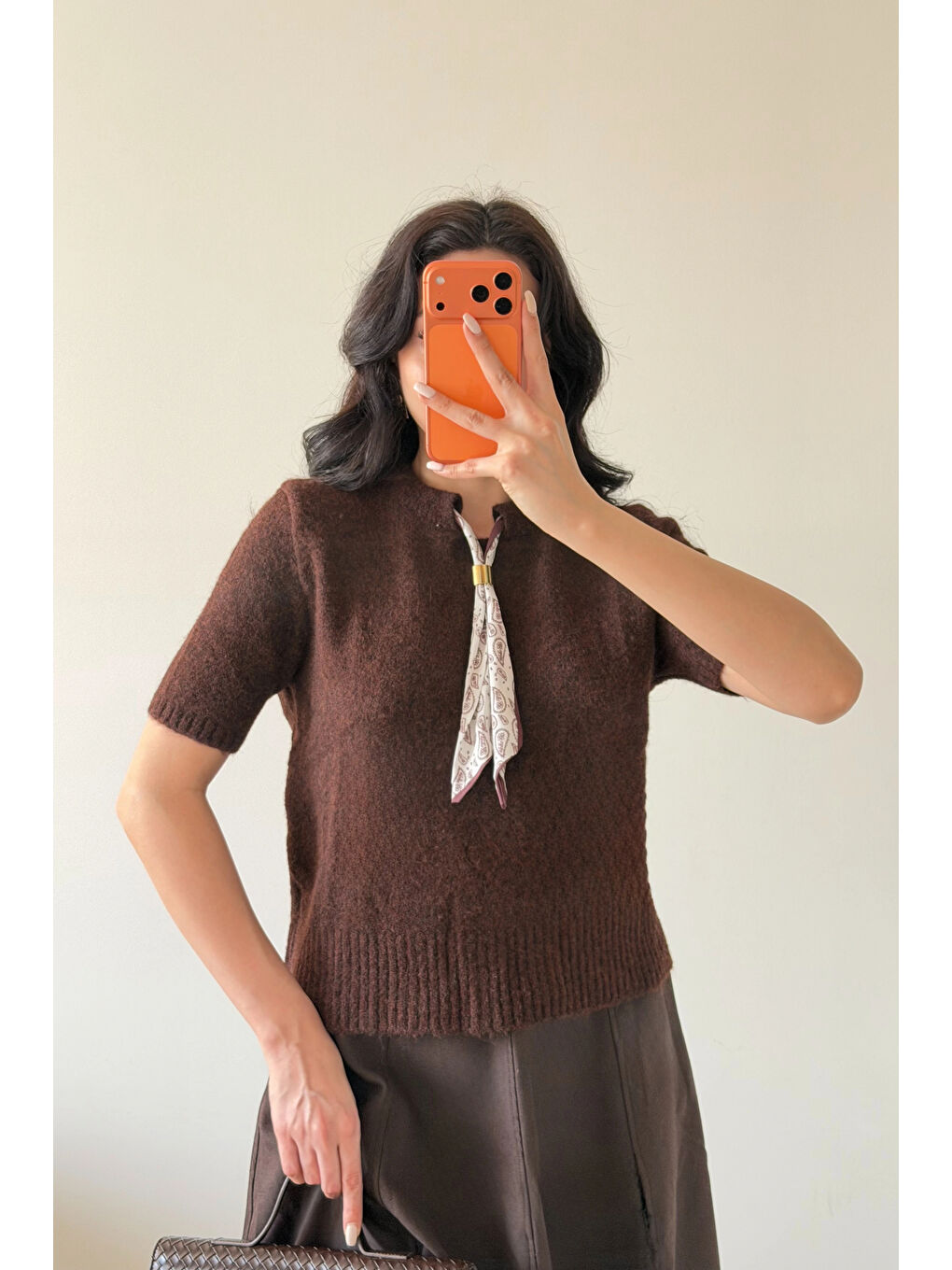 Kahverengi Kadın Kahve Fularlı Kısa Kol Kazak 1014-2536-1