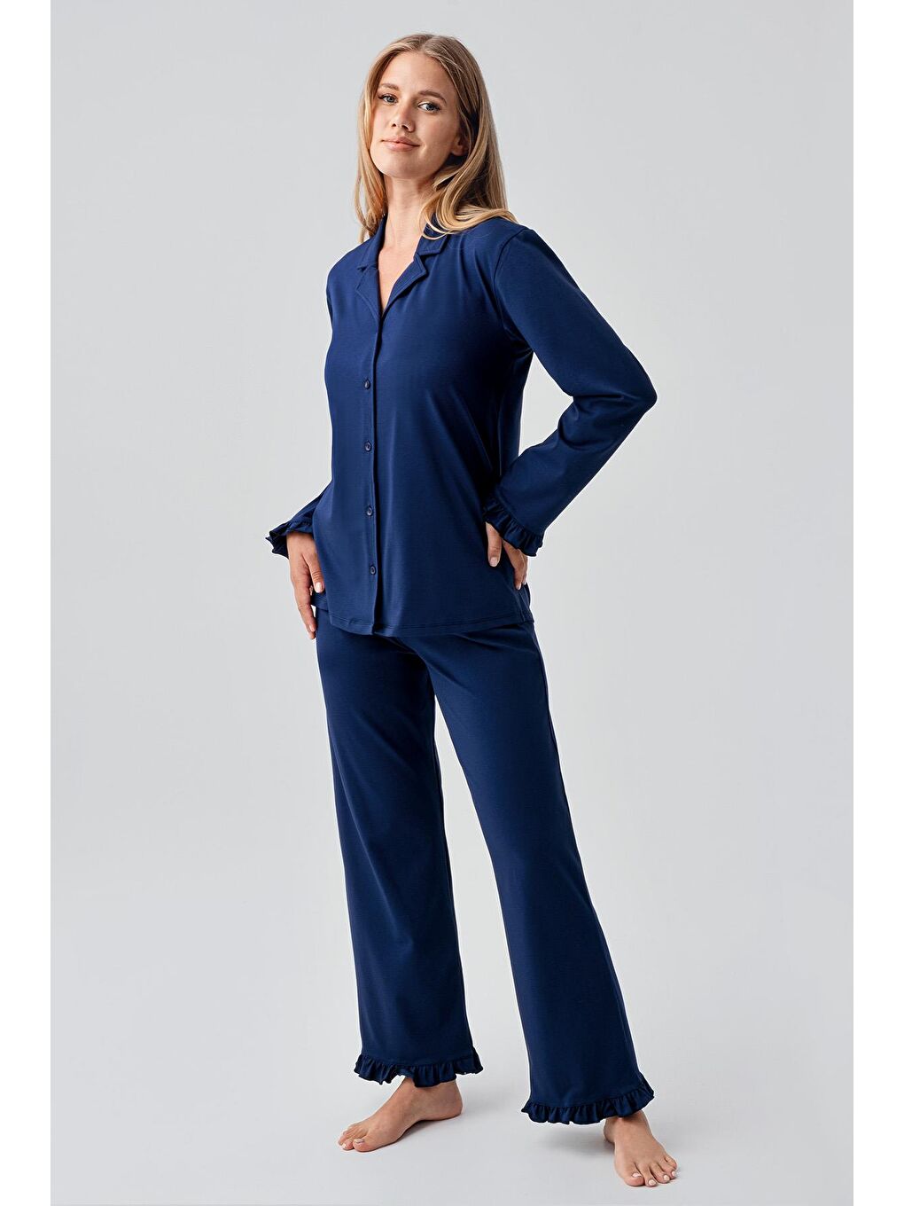 Lacivert Uzun Kollu Düğmeli Esnek Pamuklu Pijama Takım 18203-2