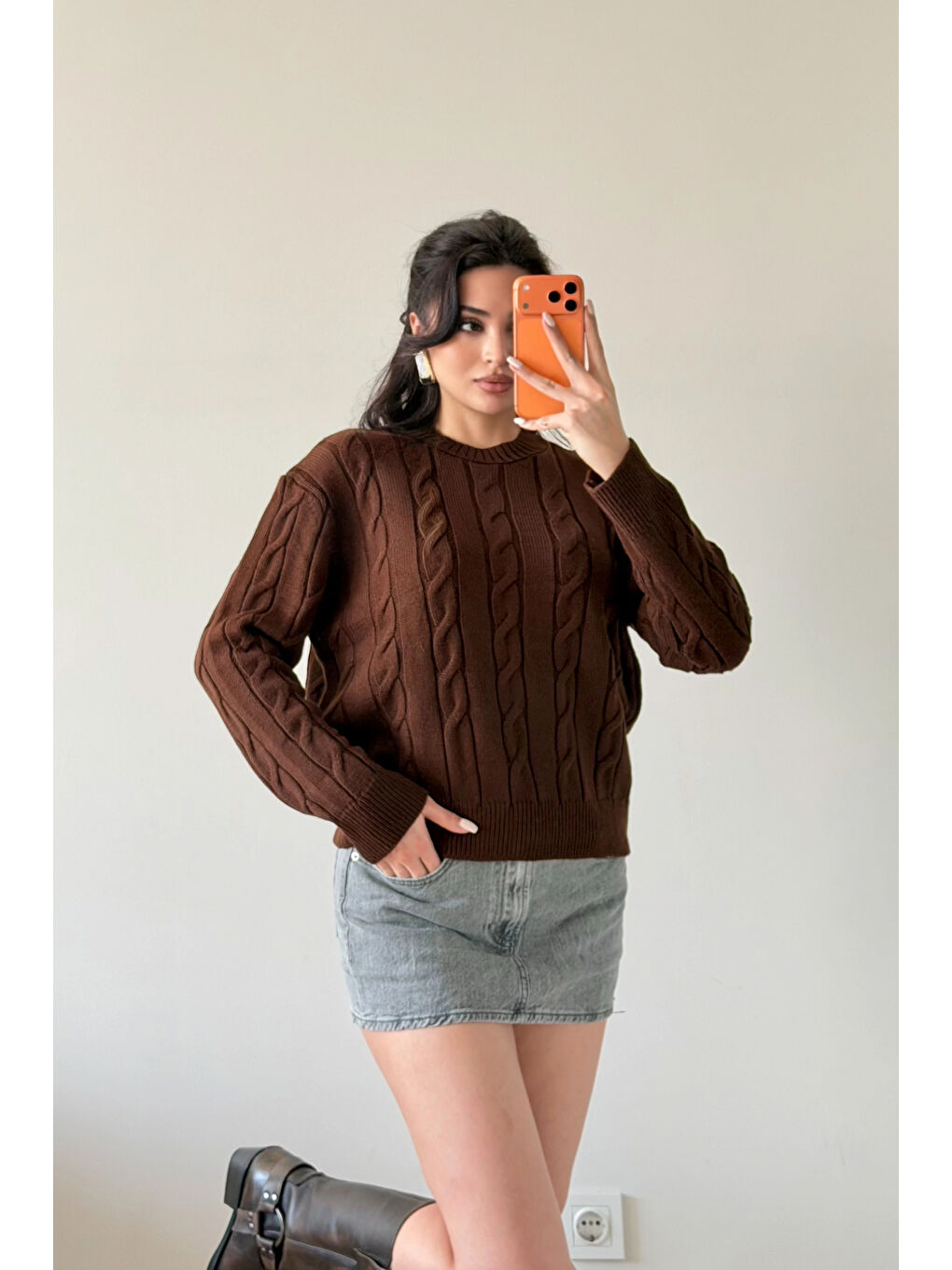 Kahverengi Kadın Kahve Saç Örgü Triko Kazak 1014-2573-2
