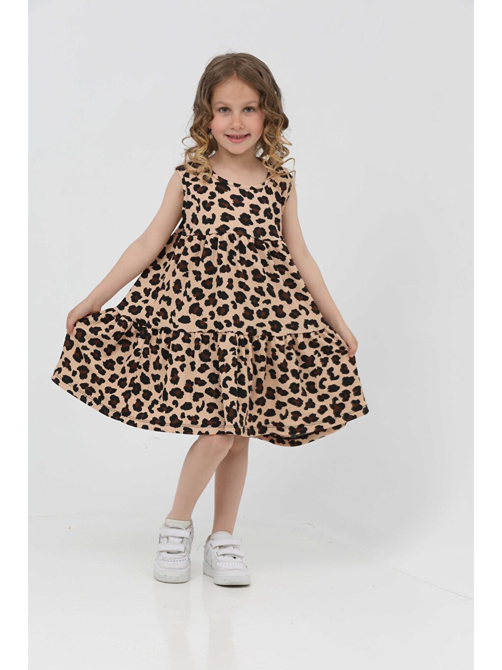Bej Kız Çocuk Vizon Leopar Desenli Elbise - 27211-2
