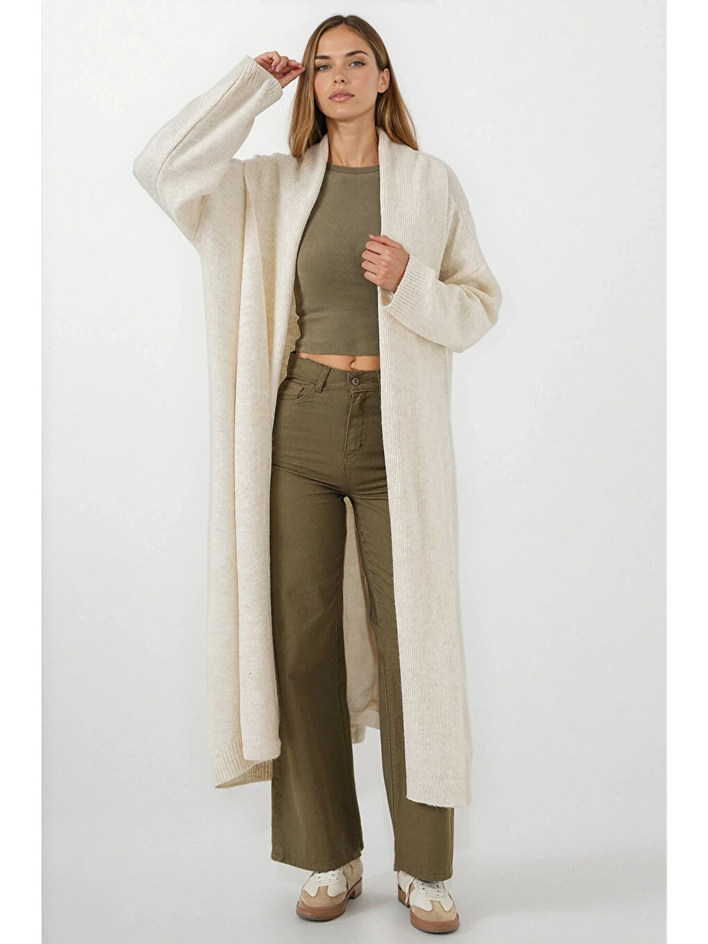 Kadın Ekru Oversize Uzun Triko Hırka HZL25W-BD1103041-2