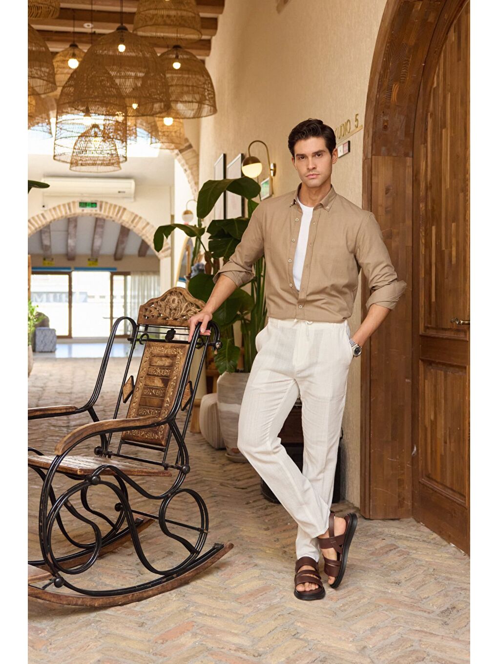 Kahverengi Turi Erkek Pamuk Gömlek Modern Slim Fit Keten Görünümlü Uzun Kol-7