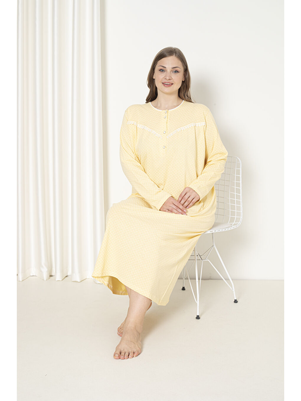 Sarı %100 Pamuklu Penye Uzun Kol Büyük Beden Anne Geceliği 052-3