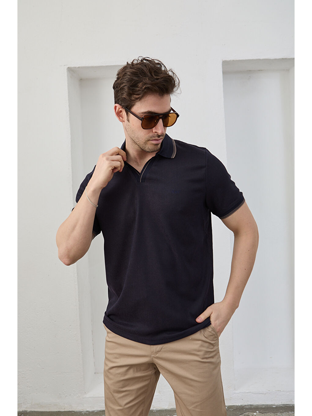 Lacivert Lodz Erkek Polo Yaka Tişört Çekmeyen Pamuklu Kumaş Regular Fit Günlük-2