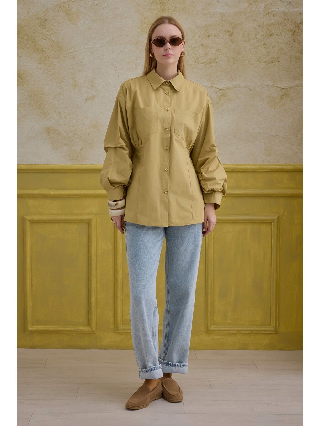 Kahverengi %100 Pamuk Kol Detaylı Gömlek Bal Köpüğü-1