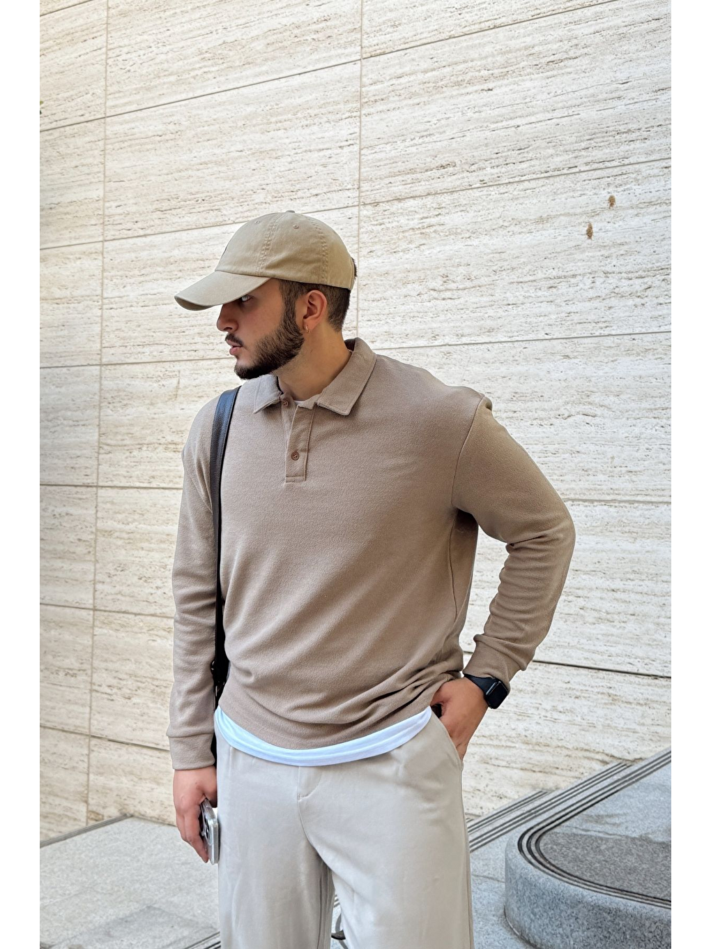 Bej Cali Erkek Regular Fit Polo Yaka Uzun Kollu Sweatshirt Tişört