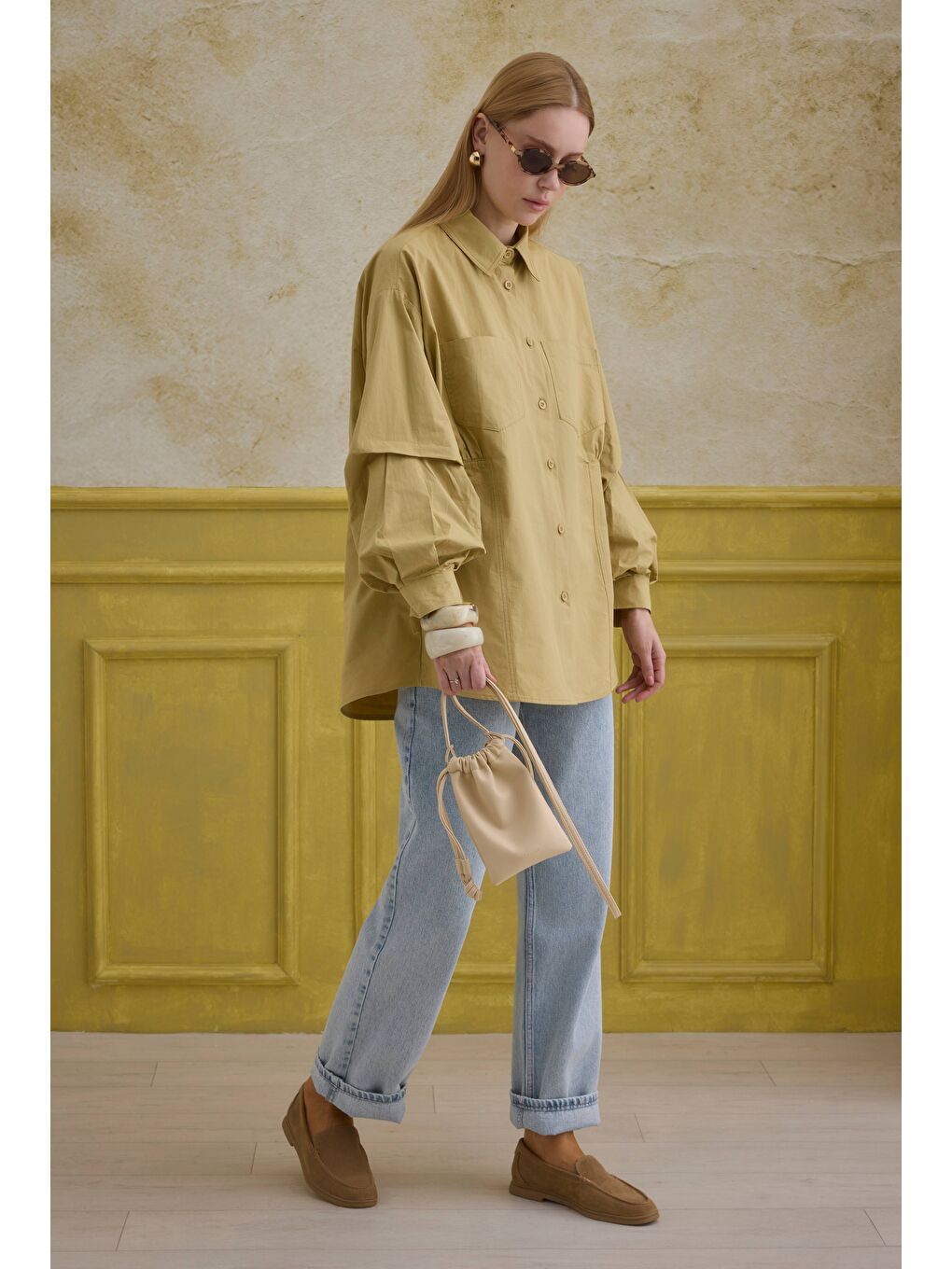 Kahverengi %100 Pamuk Kol Detaylı Gömlek Bal Köpüğü-4