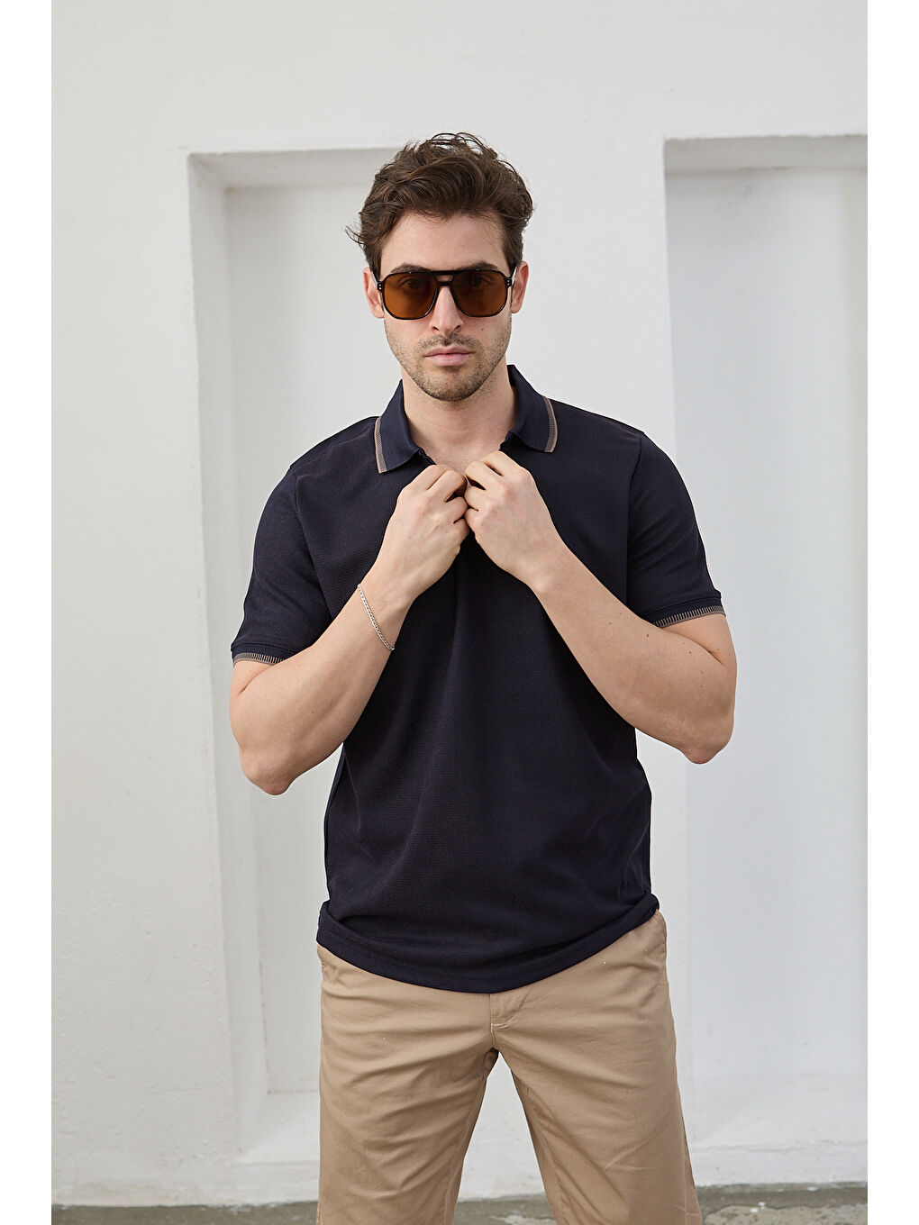 Lacivert Lodz Erkek Polo Yaka Tişört Çekmeyen Pamuklu Kumaş Regular Fit Günlük-3