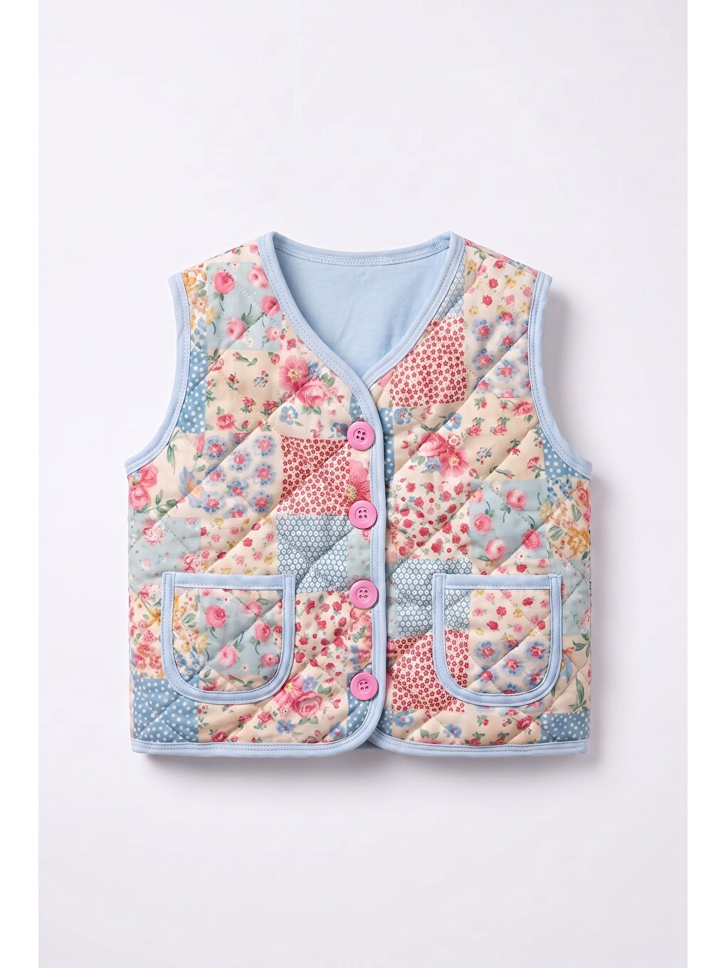Karışık Kız Çocuk Pamuklu Çiçekli Patchwork Desenli Kapitone Yelek