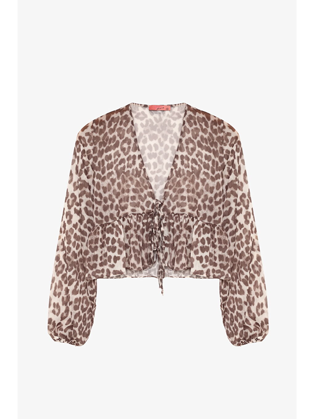 Leopar Desenli Bağcıklı Fırfırlı Tül Bluz Bej-1