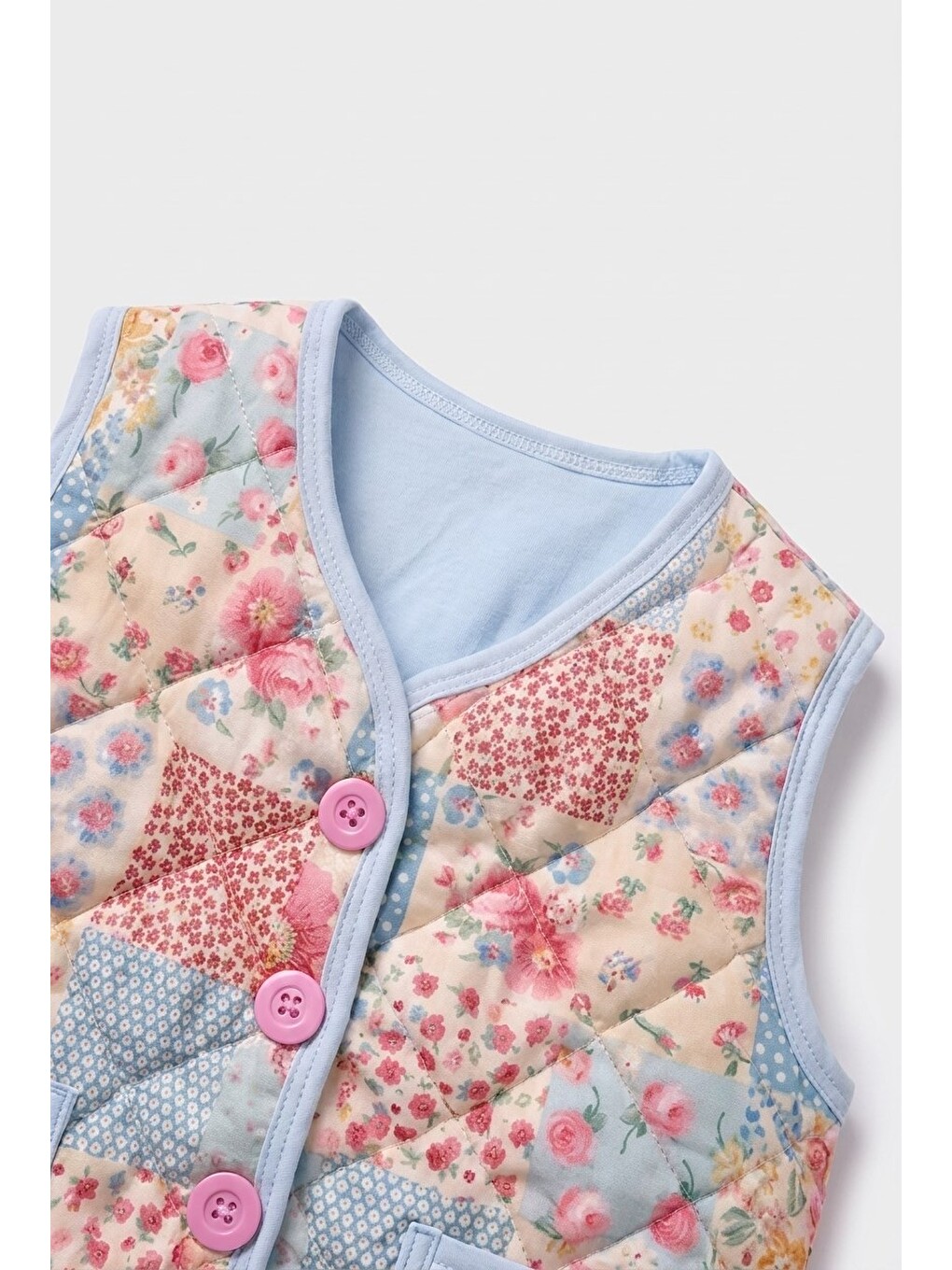 Karışık Kız Çocuk Pamuklu Çiçekli Patchwork Desenli Kapitone Yelek-2