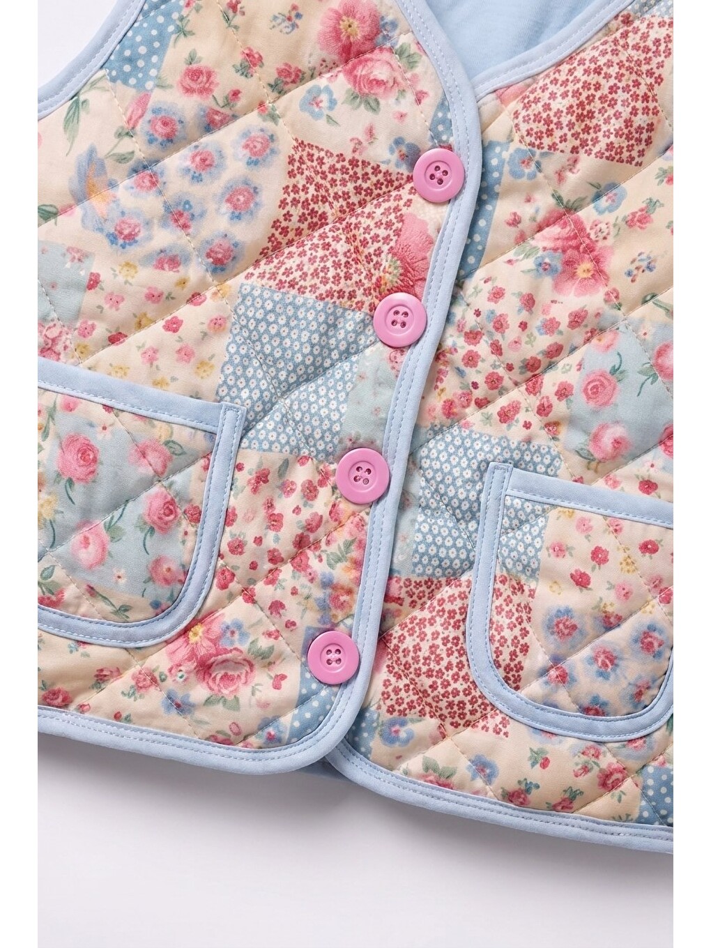 Karışık Kız Çocuk Pamuklu Çiçekli Patchwork Desenli Kapitone Yelek-3