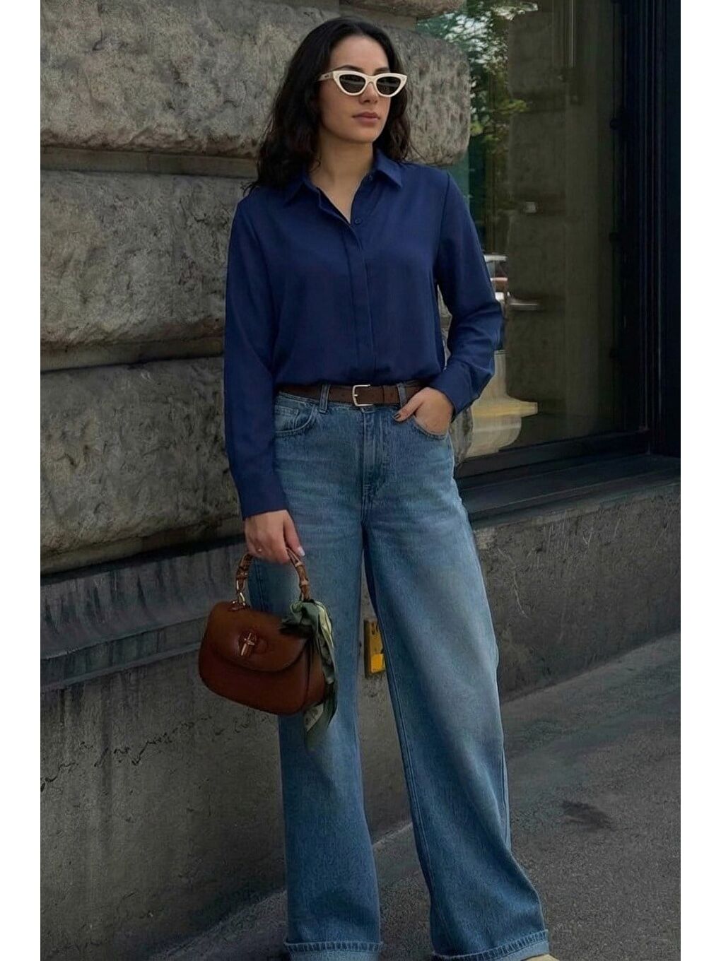Lacivert Modern Kesim Kadın Gömlek Mg2674-1