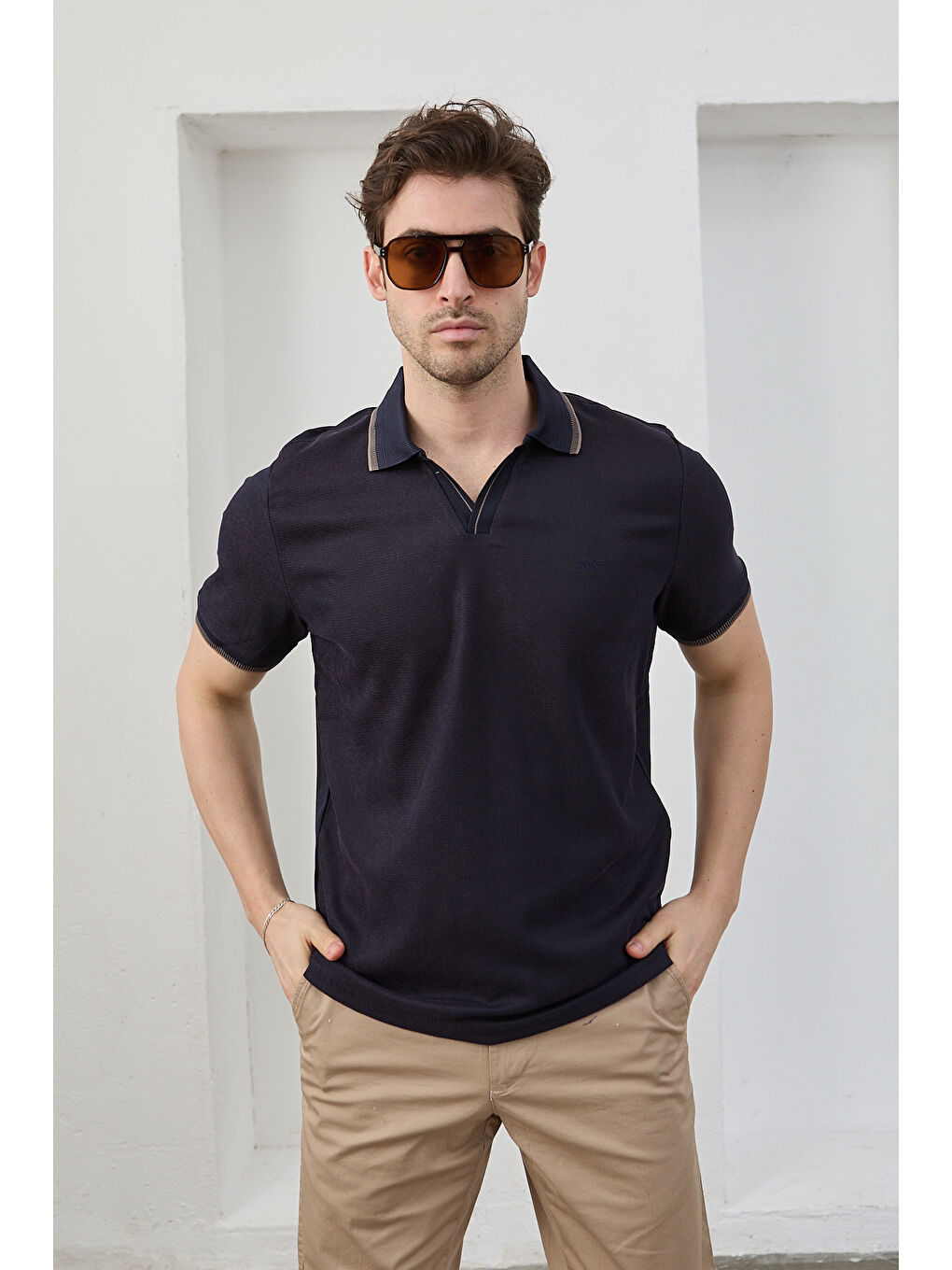 Lacivert Lodz Erkek Polo Yaka Tişört Çekmeyen Pamuklu Kumaş Regular Fit Günlük-4