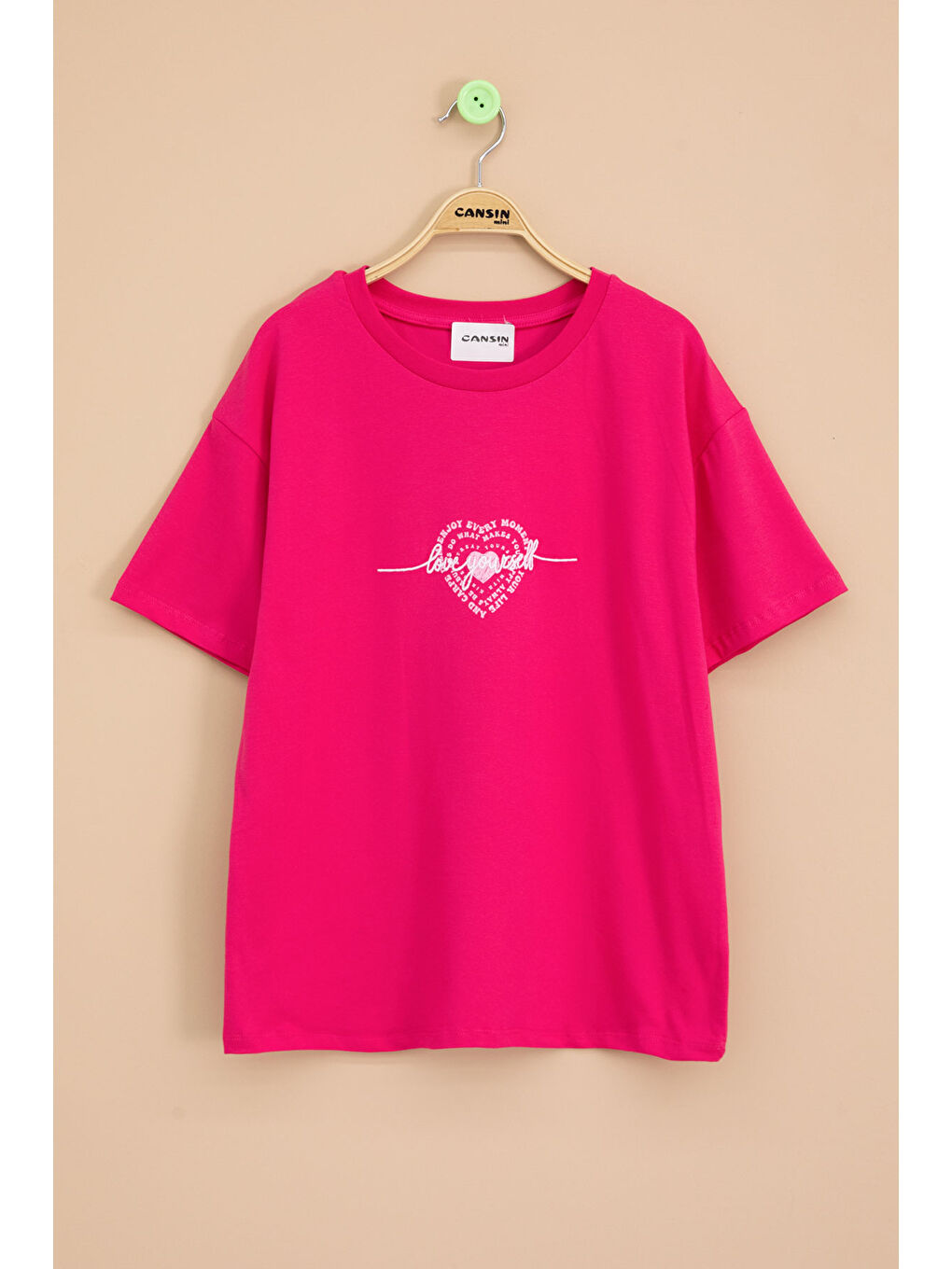 Fuşya Sırtı Kalp Baskılı Yazılı Kız Çocuk Bisiklet Yaka Tişört 20969
