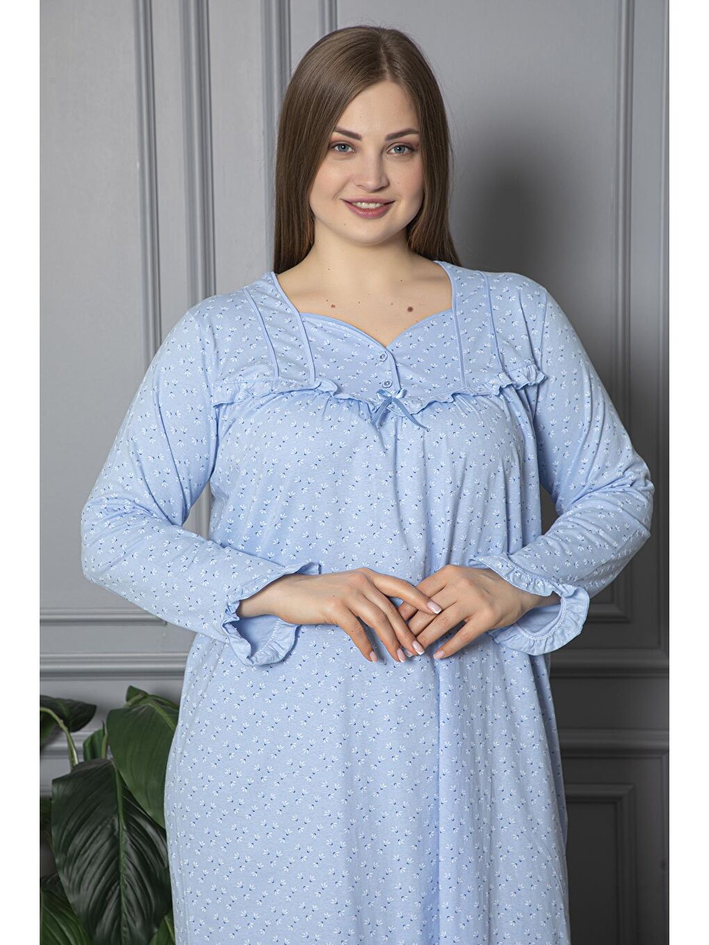 Mavi %100 Pamuklu Mevsimlik Uzun Kol Penye Büyük Beden Anne Gecelik 180-2