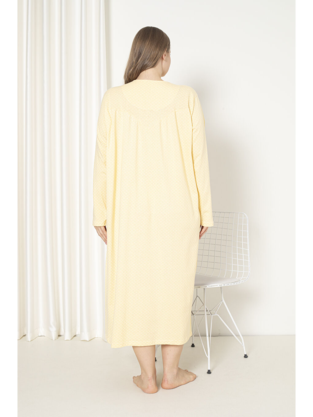 Sarı %100 Pamuklu Penye Uzun Kol Büyük Beden Anne Geceliği 052-4