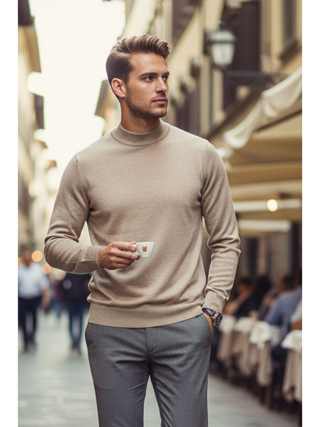 Bej Lier Yarım Boğazlı Regular Fit Erkek Kazak Düz Triko-1