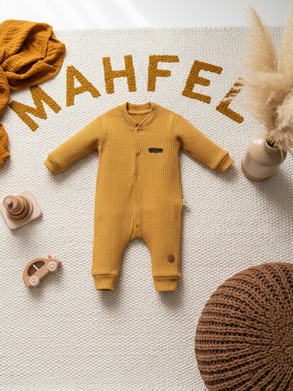 Sarı %100 Pamuklu Fitilli Bebek Tulum Salopet HARDAL-4