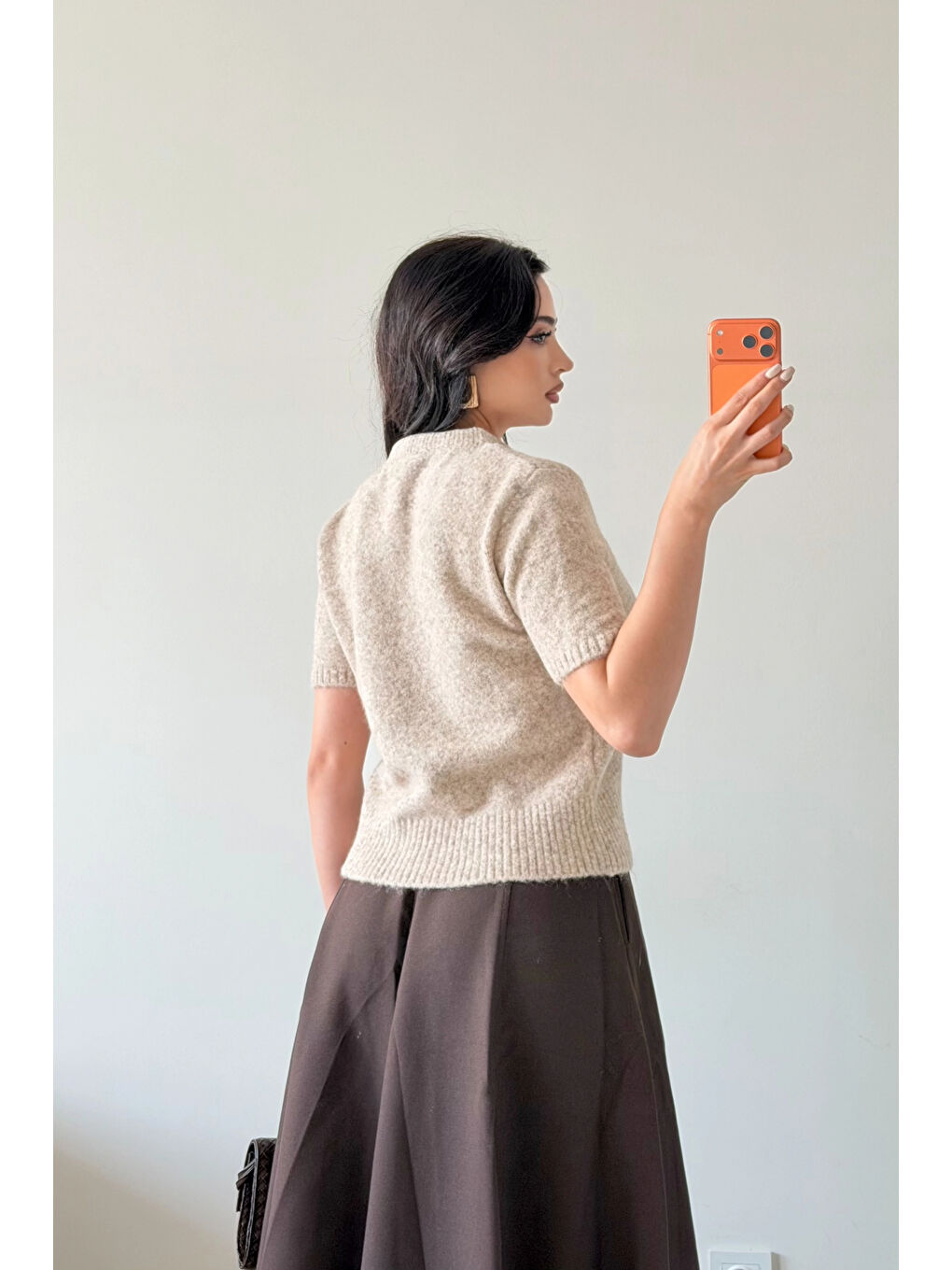 Kadın Bej Fularlı Kısa Kol Kazak 1014-2536-2