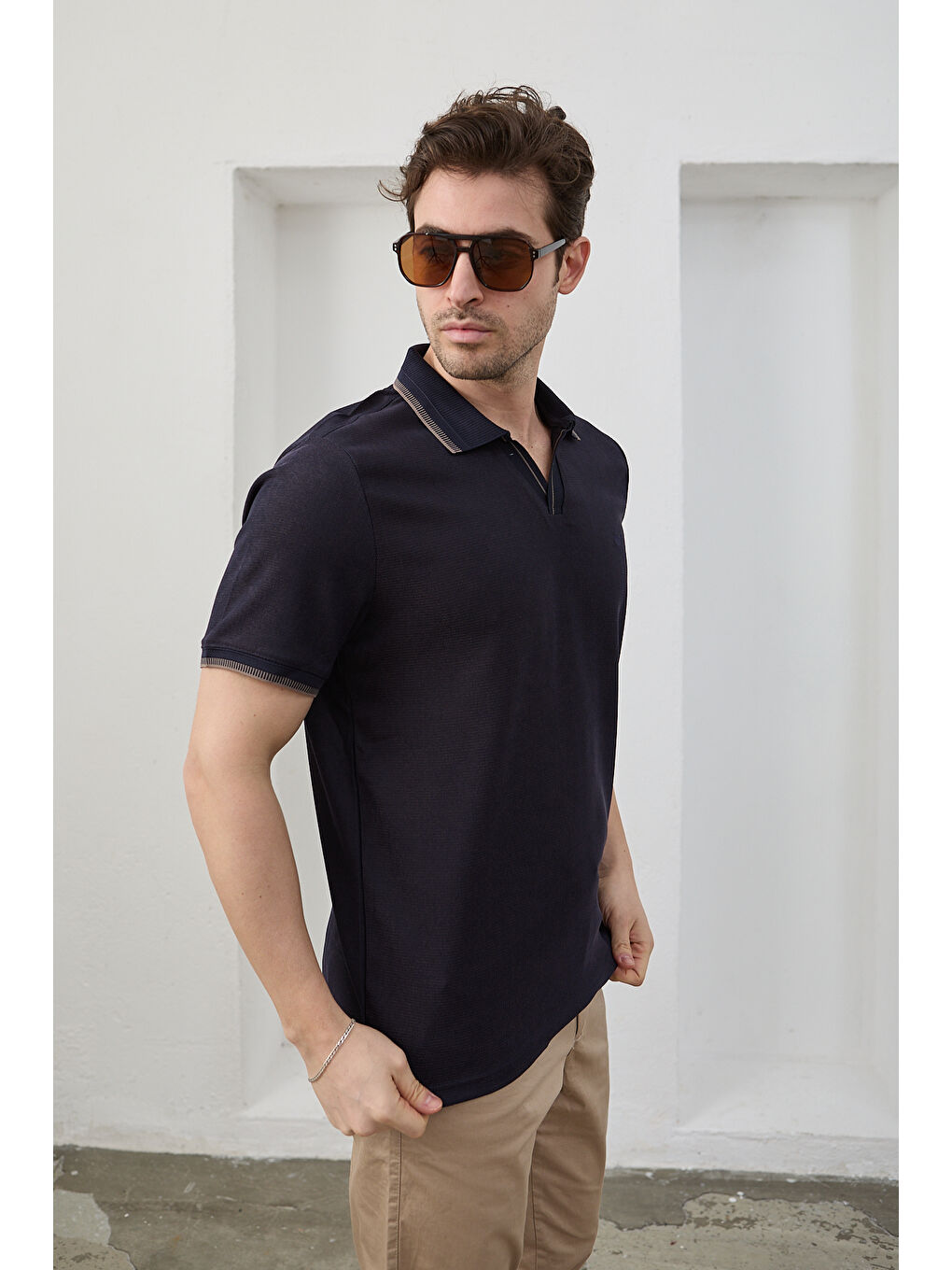 Lacivert Lodz Erkek Polo Yaka Tişört Çekmeyen Pamuklu Kumaş Regular Fit Günlük-5