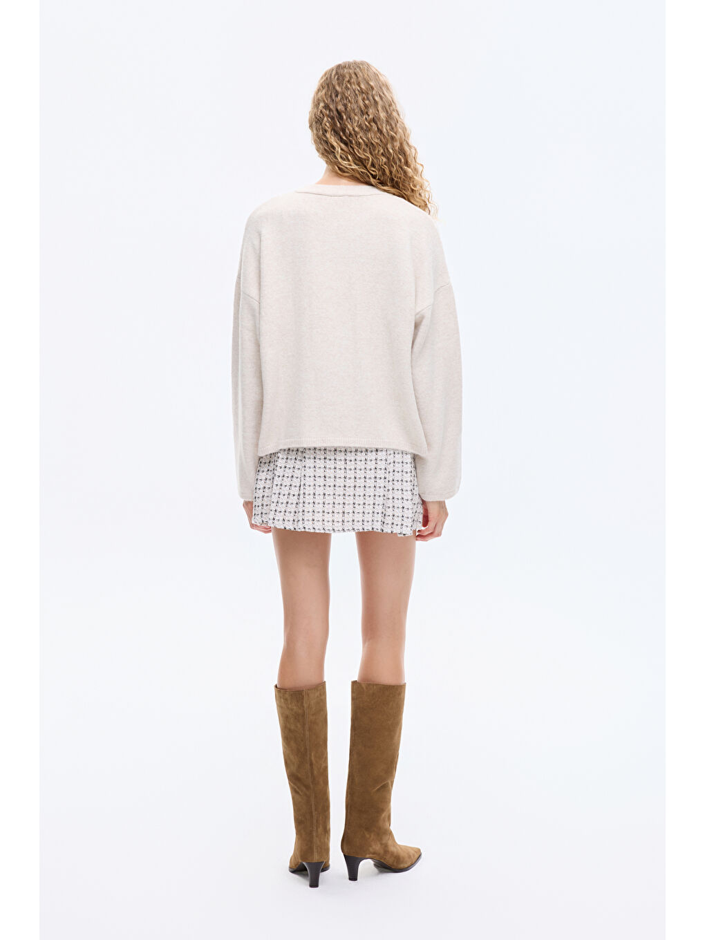 Yazı Desenli Bisiklet Yaka Triko Kazak Ekru-4