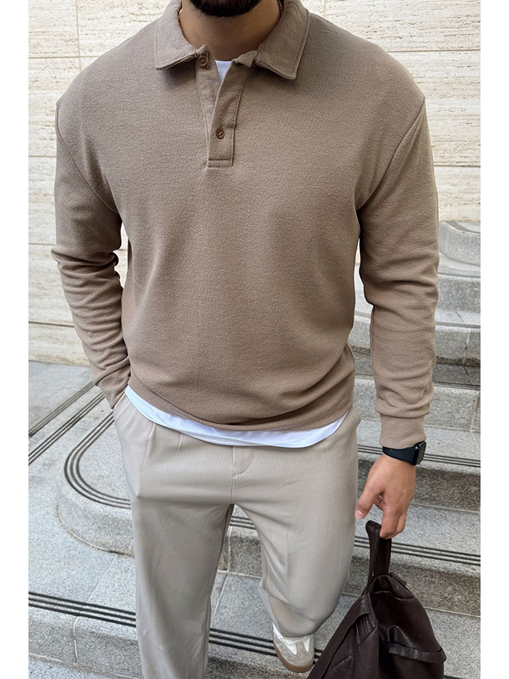 Bej Cali Erkek Regular Fit Polo Yaka Uzun Kollu Sweatshirt Tişört-1