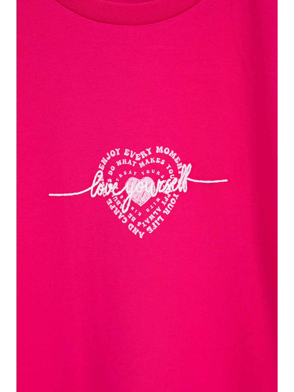 Fuşya Sırtı Kalp Baskılı Yazılı Kız Çocuk Bisiklet Yaka Tişört 20969-1