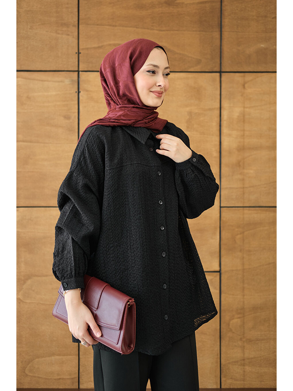 Kadın Kendinden Desenli Bel Bağlamalı Siyah-1