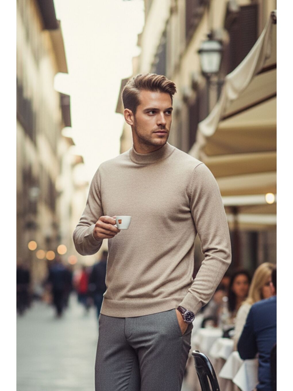 Bej Lier Yarım Boğazlı Regular Fit Erkek Kazak Düz Triko-2