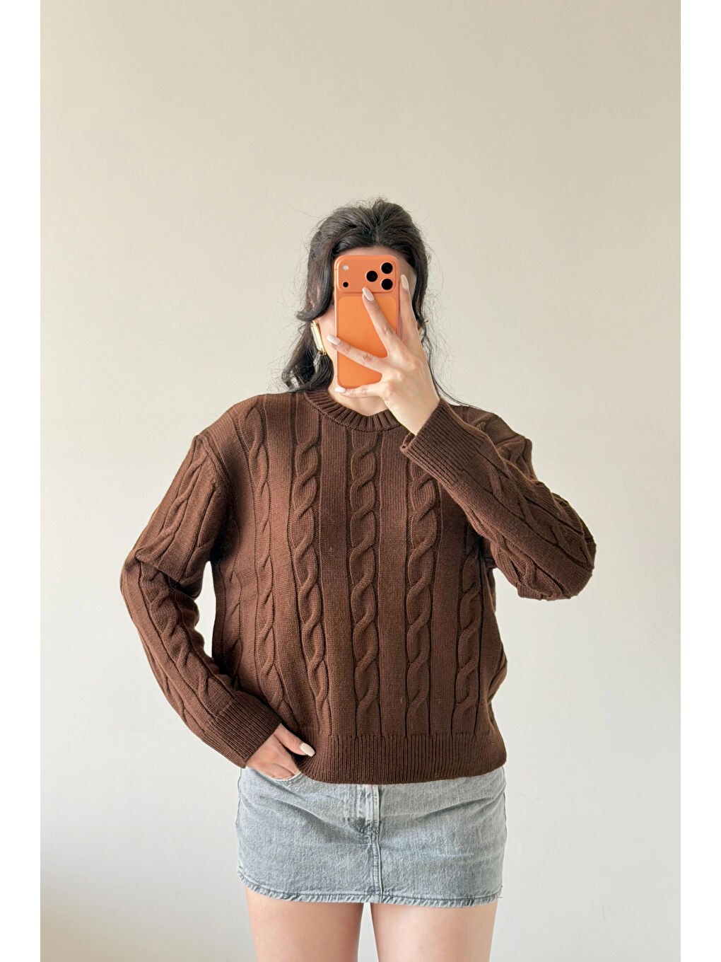 Kahverengi Kadın Kahve Saç Örgü Triko Kazak 1014-2573-4