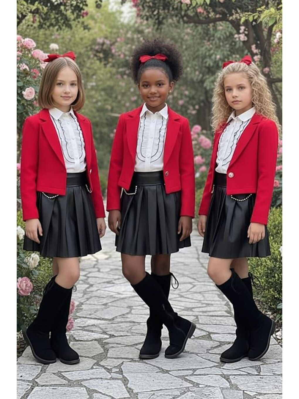 Kız Çocuk Elmas Taşlı Volanlı Gömlek Kırmızı Blazer Ceket Taş Detaylı Deri Etekli Takım-2