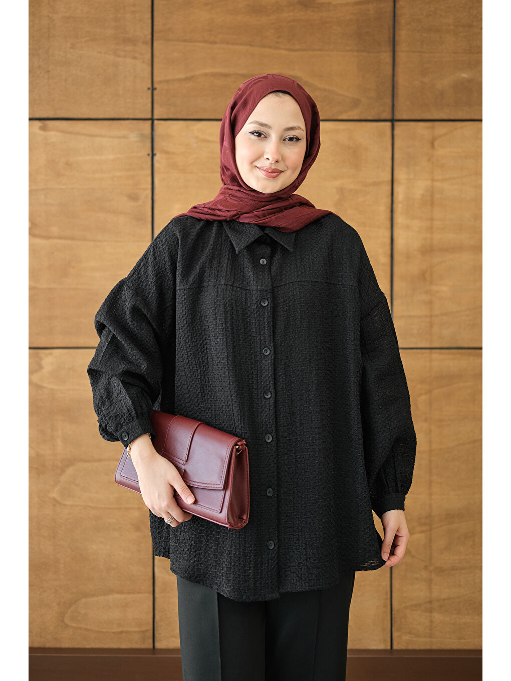 Kadın Kendinden Desenli Bel Bağlamalı Siyah-2