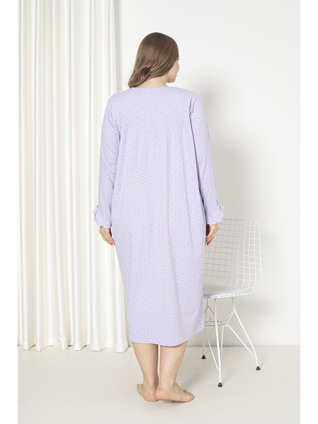 Lila %100 Pamuklu Mevsimlik Uzun Kol Penye Büyük Beden Anne Gecelik 180-4