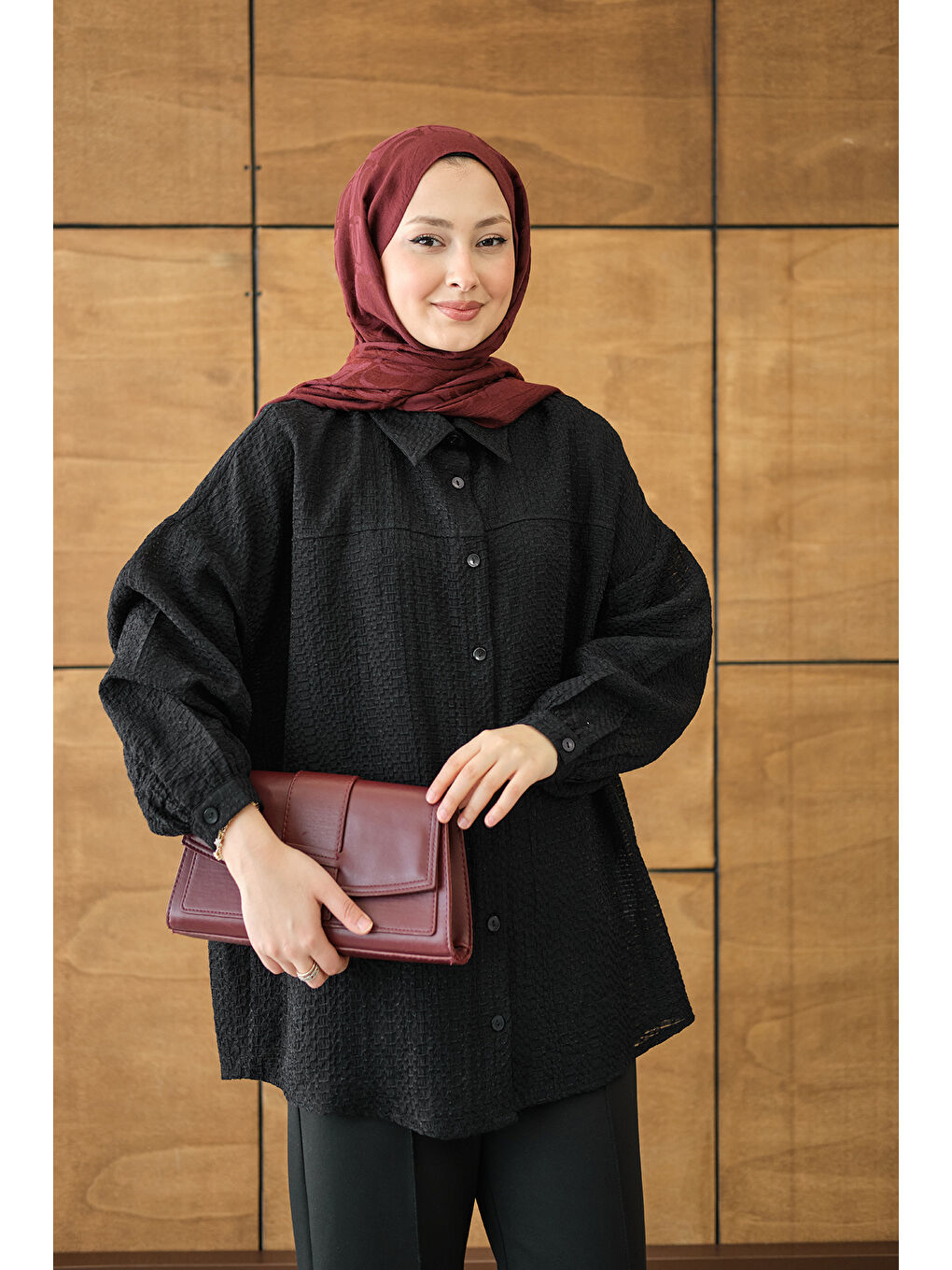 Kadın Kendinden Desenli Bel Bağlamalı Siyah-3