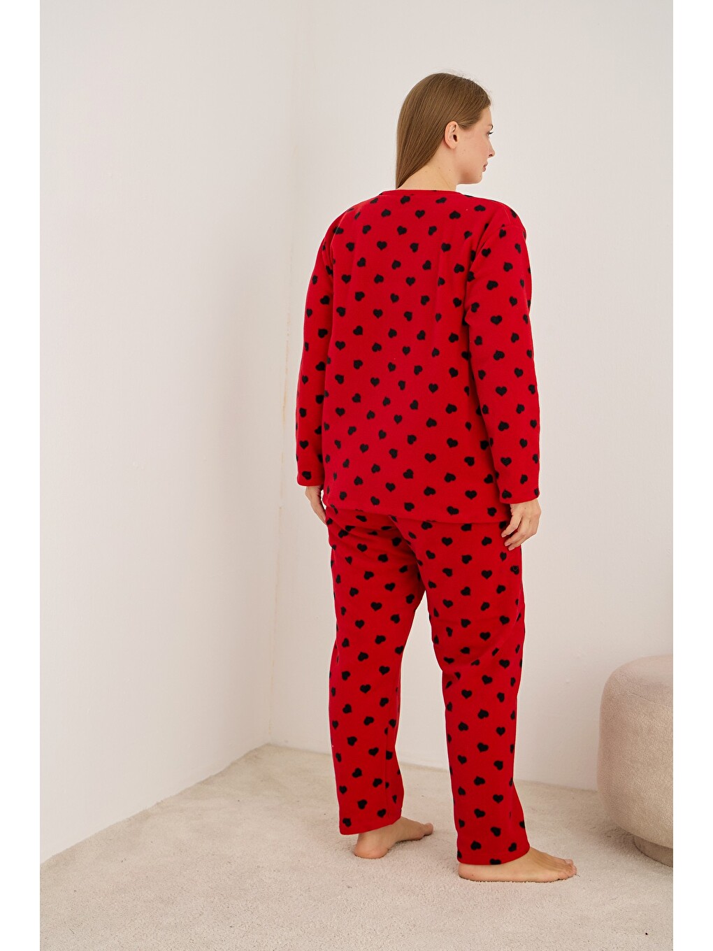 Kırmızı Nakışlı Büyük Beden Polar Kışlık Örme Pijama Takım 25222557-2