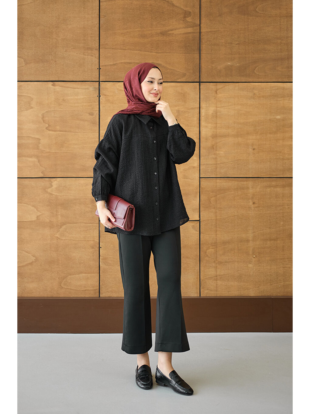 Kadın Kendinden Desenli Bel Bağlamalı Siyah-4