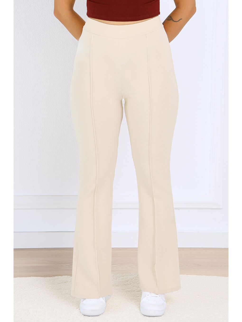 Ekru Çımalı İspanyol Paça Krep Pantolon Krem - 27623