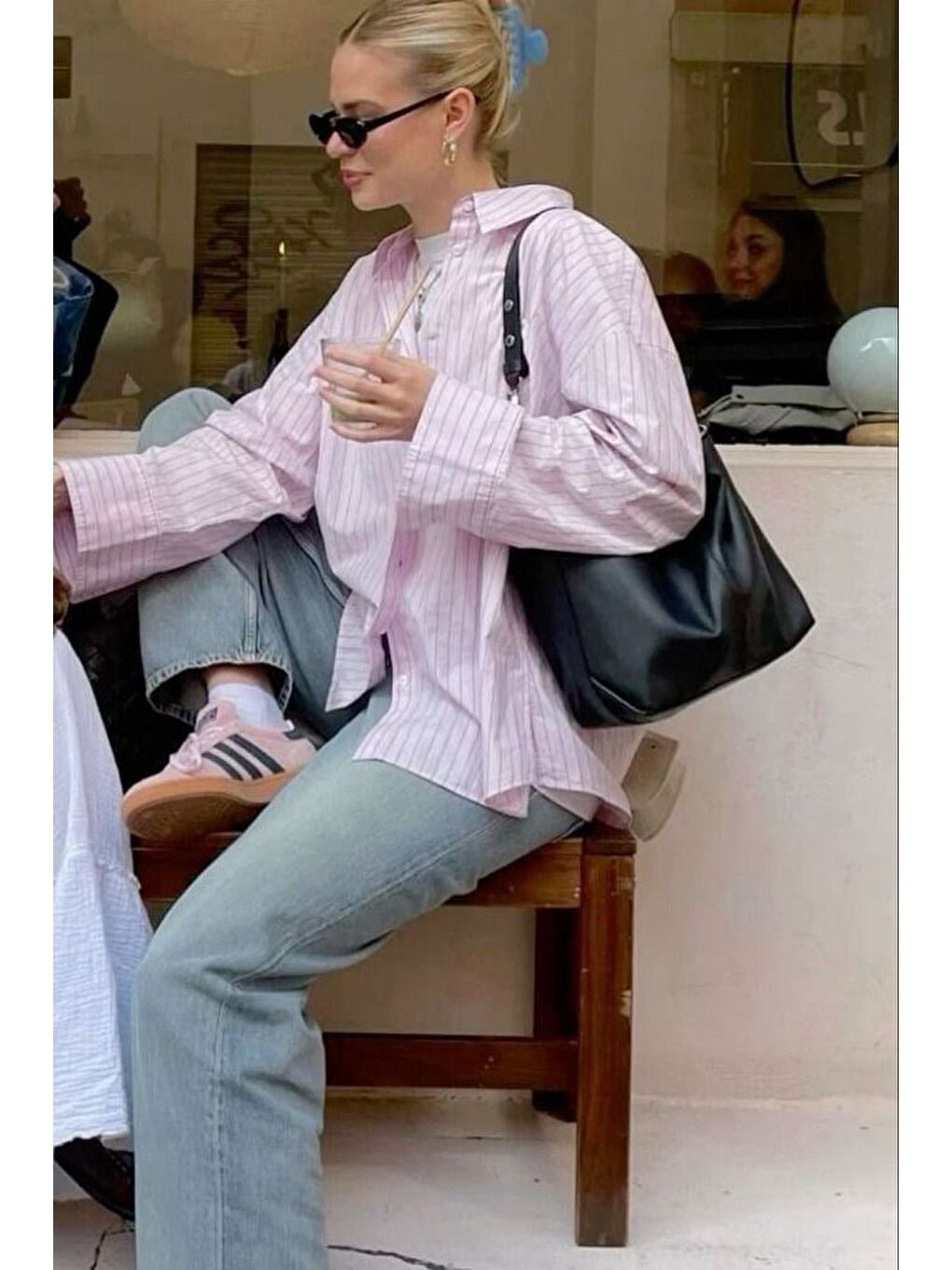 Pembe Çizgili Oversize Kadın Gömlek Mg2732-1