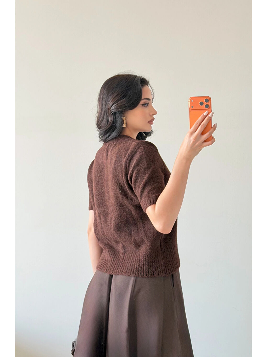 Kahverengi Kadın Kahve Fularlı Kısa Kol Kazak 1014-2536-4