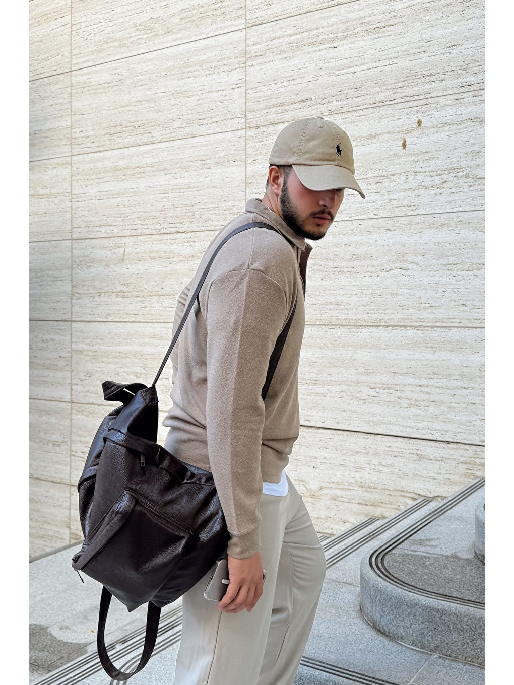 Bej Cali Erkek Regular Fit Polo Yaka Uzun Kollu Sweatshirt Tişört-2