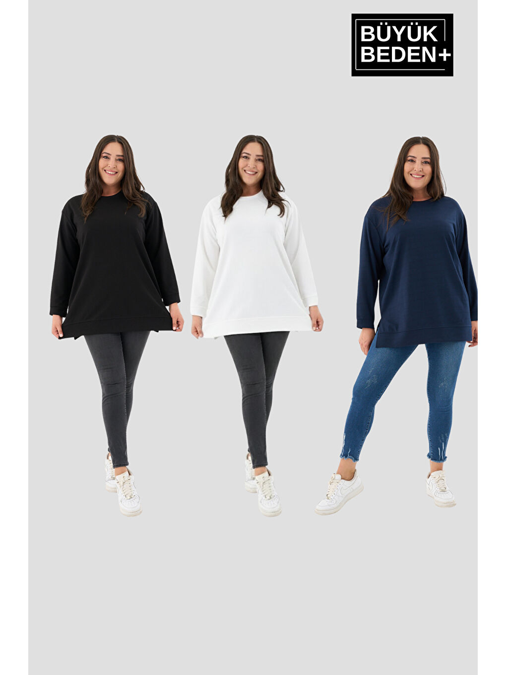 Siyah Kadın Büyük Beden 3'lü Set ince Sweatshırt Tunik SPR26BTK990+3