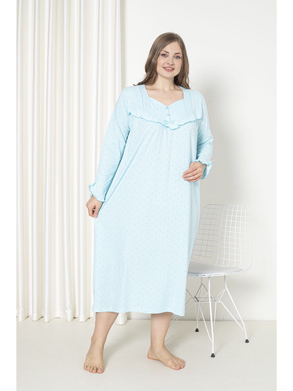 Yeşil %100 Pamuklu Mevsimlik Uzun Kol Penye Büyük Beden Anne Gecelik 180-2