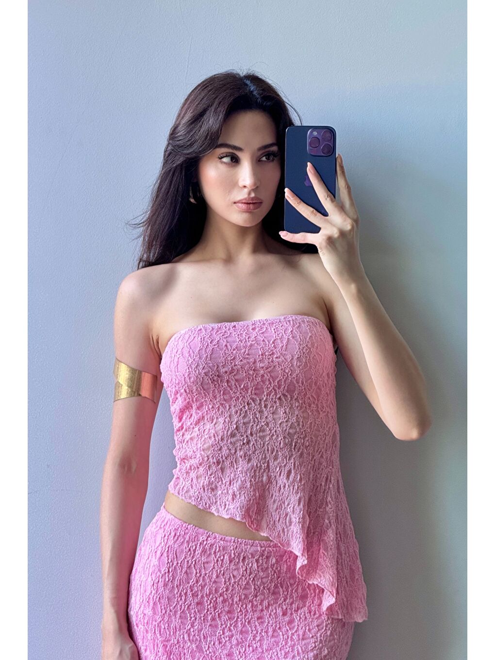 Kadın Pembe Dantel Crop Etek Takım 1026-221725-8