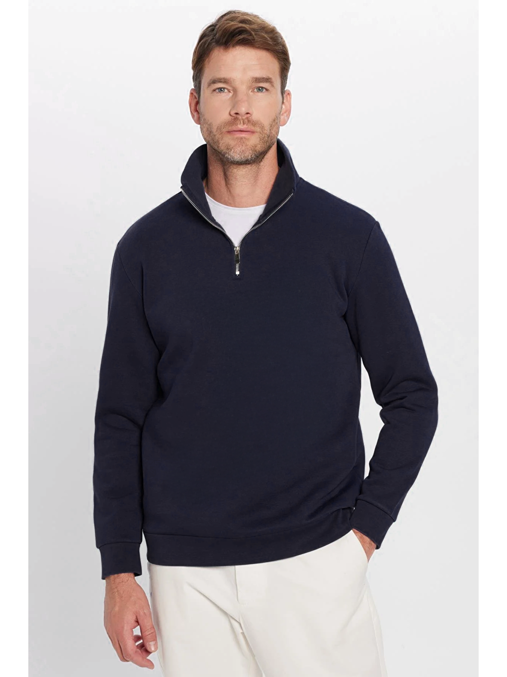 Unisex Relax Fit Rahat Kesim Pamuklu İçi Polarlı Yarım Fermuarlı Lacivert Dik Yaka Sweatshirt