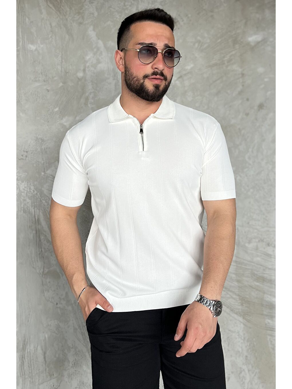 Ekru Erkek Bisiklet Yaka Yarım Fermuarlı Triko Tişört