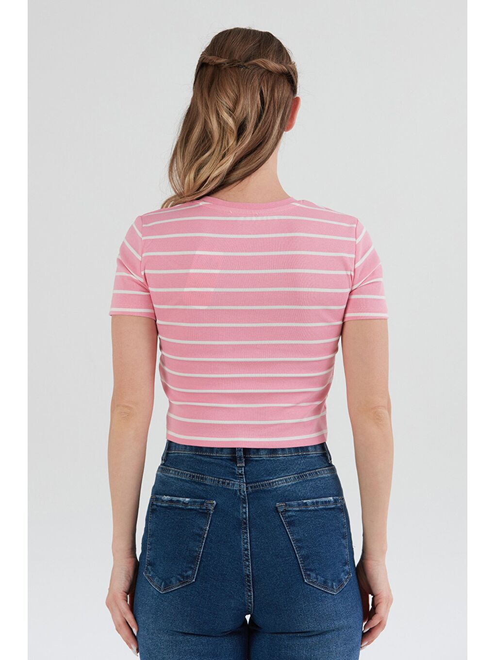 Pembe Basic Çizgili Crop Tişört-3
