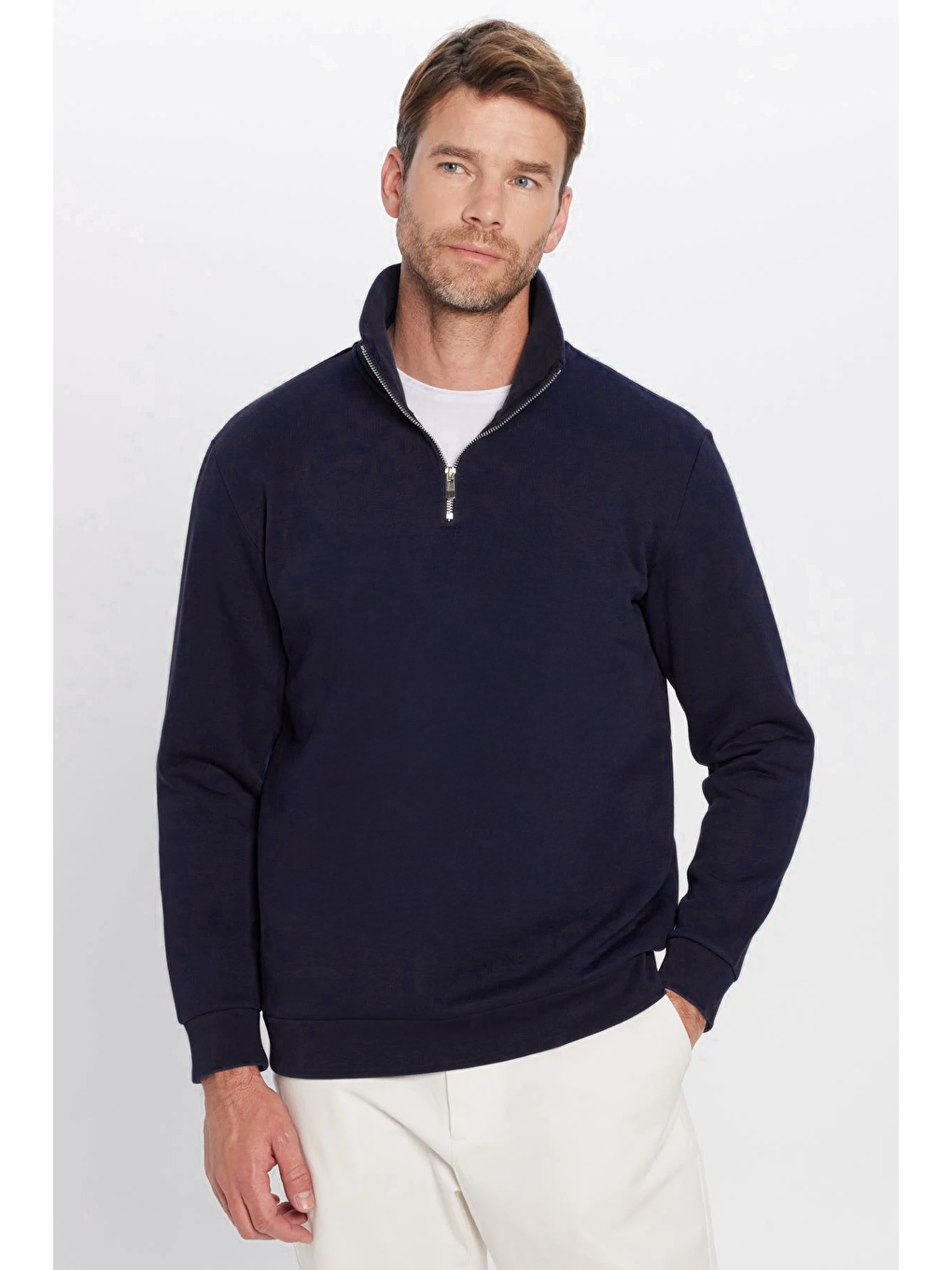 Unisex Relax Fit Rahat Kesim Pamuklu İçi Polarlı Yarım Fermuarlı Lacivert Dik Yaka Sweatshirt-1